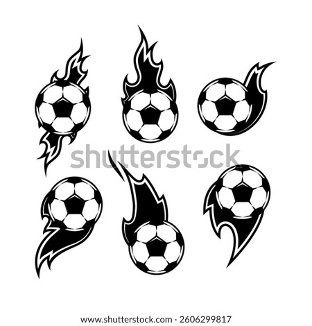 Soccer ball on fire background. Team or tournament black and white symbol or emblem on white background. Design in a graphic art style, Vector illustration
