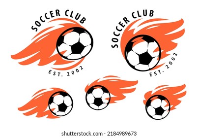 Soccer ball on fire emblem. Football and soccer symbol or sports mascot. Game competition badge vector illustration