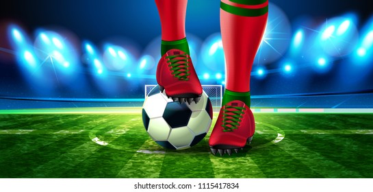 Soccer ball on Football Arena with a part of the foot of a football player.er championship.