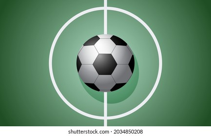 A soccer ball on the football field in the center of the circle.
