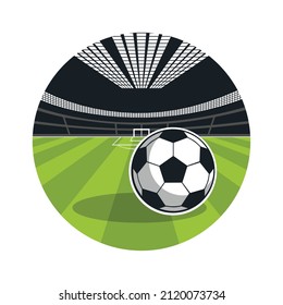 Soccer ball on the football field. Colored vector illustration in a circle