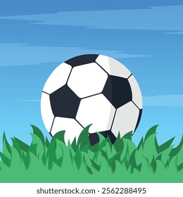 Soccer ball on grass against sky background. Sport concept. Vector illustration.