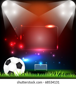 Soccer ball on grass against stadium