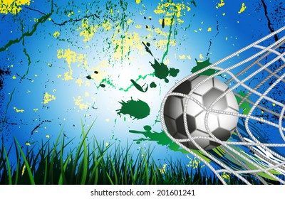 Soccer Ball on Grass background for Football Design in goal net