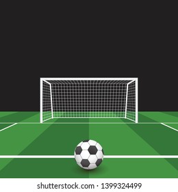 Soccer ball on the grass in front of goal vector illustration