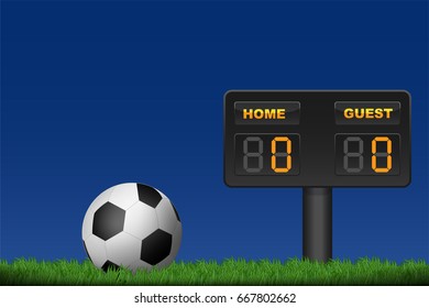 soccer ball on grass with score broad for home and guest team background. This design for template, banner for soccer league match result in vector illustration
