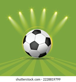 Soccer ball on green background with spotlights on, vector illustration