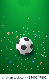 Soccer ball on green background with confetti. 3d vector banner with copy space