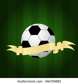 soccer ball on green background with ribbon for text. vector illustration