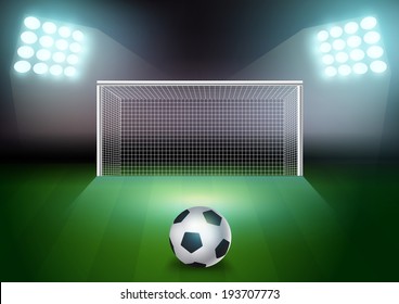 Soccer ball on the green field in soccer stadium, Vector illustration Modern template Design