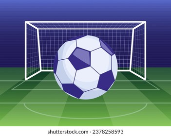 Soccer ball on green field in front of goal post. Football ball against sport stadium. Vector illustration