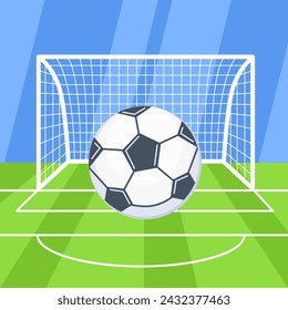 Soccer ball on green field in front of goal post. Vector illustration