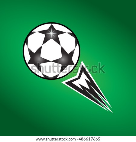 Soccer ball on green field background. Soccer Ball with stars. Football Champions League Finale 2024 Match Soccer ball fly icon. Champions League ball sign with tail fire flame, fly away concept sign