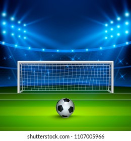 Soccer ball on green football field on stadium, arena in night illuminated bright spotlights. Vector illustration