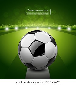 Soccer ball on green grass background, vector illustration