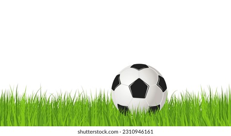 Soccer ball on green grass on white background for banner and poster with place for text. Flat and cartoon vector illustration