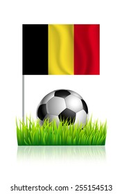 Soccer Ball on green grass field with flag of Belgium