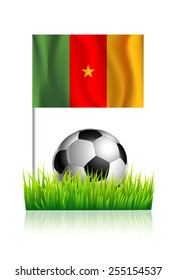 Soccer Ball on green grass field with flag of Cameroon
