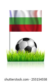 Soccer Ball on green grass field with flag of Bulgaria