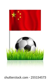Soccer Ball on green grass field with flag of China