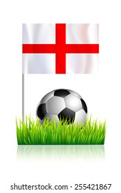 Soccer Ball on green grass field with flag of England