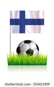 Soccer Ball on green grass field with flag of Finland