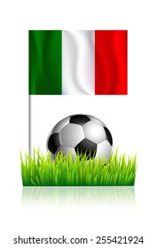 Soccer Ball on green grass field with flag of Italy