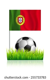 Soccer Ball on green grass field with flag of Portugal