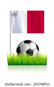 Soccer Ball on green grass field with flag of Malta