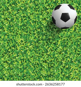 Soccer ball on green grass field. Top views of soccer ball on green grass of soccer field background with green lawn pattern and texture. Vector illustration.