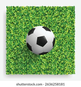 Soccer ball on green grass field. Top views of soccer ball on green grass of soccer field background with green lawn pattern and texture. Vector illustration.