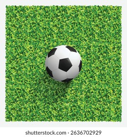 Soccer ball on green grass field. Top views of soccer ball on green grass of soccer field background with green lawn pattern and texture. Vector illustration.