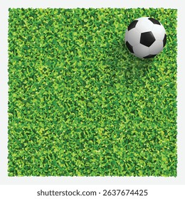 Soccer ball on green grass field. Top views of soccer ball on green grass of soccer field background with green lawn pattern and texture. Vector illustration.