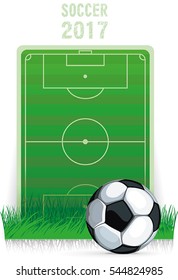 Soccer ball on green grass background. Vector illustration of football field. Abstract poster for sport design. Beautiful illustration with place for your text, eps8