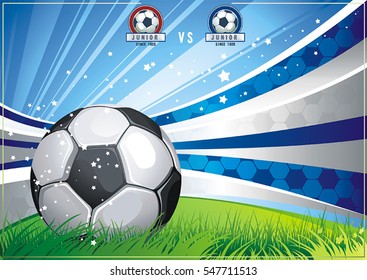 Soccer ball on green grass. Vector illustration of football field. Abstract poster for sport design. Beautiful illustration with place for your text, eps8