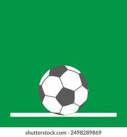soccer ball on the line, conceptual banner, icon, sports equipment, black and white symbol on green background, vector illustration