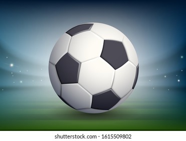 Soccer ball on the night field of the stadium. Football tournament. Vector illustration.