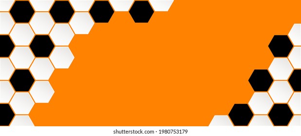 Soccer ball on orange playground background. Football net pattern. Flat vector wk, ek banner. Sports game. Honeycomb cells hexagon pattern. the Netherlands, Holland or Dutch orange supporters. 