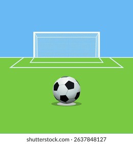 soccer ball on penalty kick mark in front of football goal on blue background