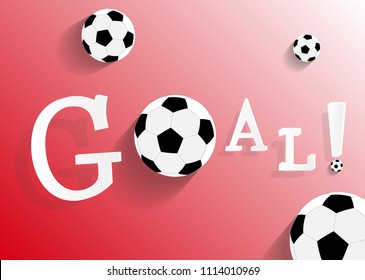 Soccer ball on red background. Goal sign with football. Vector illustration. Paper art style.