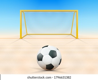 Soccer ball on sand field in front of goal post, front view. Beach football game-situation with goal and ball