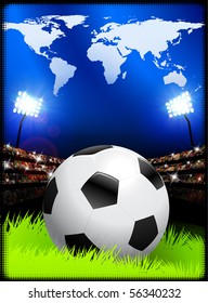 Soccer Ball on Stadium Background with World Map Original Illustration