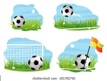 Soccer ball on stadium field. Four sports illustrations on white
