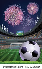 Soccer ball on the stadium and fireworks in the sky