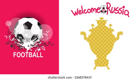 Soccer ball on web banner. Lettering welcome to Russia. F World of Russia modern and traditional elements, 2018 trend templates.