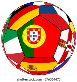 Soccer ball on a white background with flags of European countries - flag of Portugal in the center - vector illustration