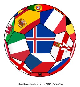 Soccer ball on a white background with flags of European countries - flag of Iceland in the center