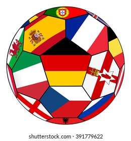 Soccer ball on a white background with flags of European countries -  Germany flag in the center