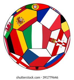 Soccer ball on a white background with flags of European countries - flag of Italy in the center