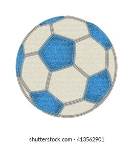 Fußball auf weißem Hintergrund. Jeans und Fußballkonzept. Denim Hintergrund für die Fußballmeisterschaft. Mode und Fußball. Vektorgrafik